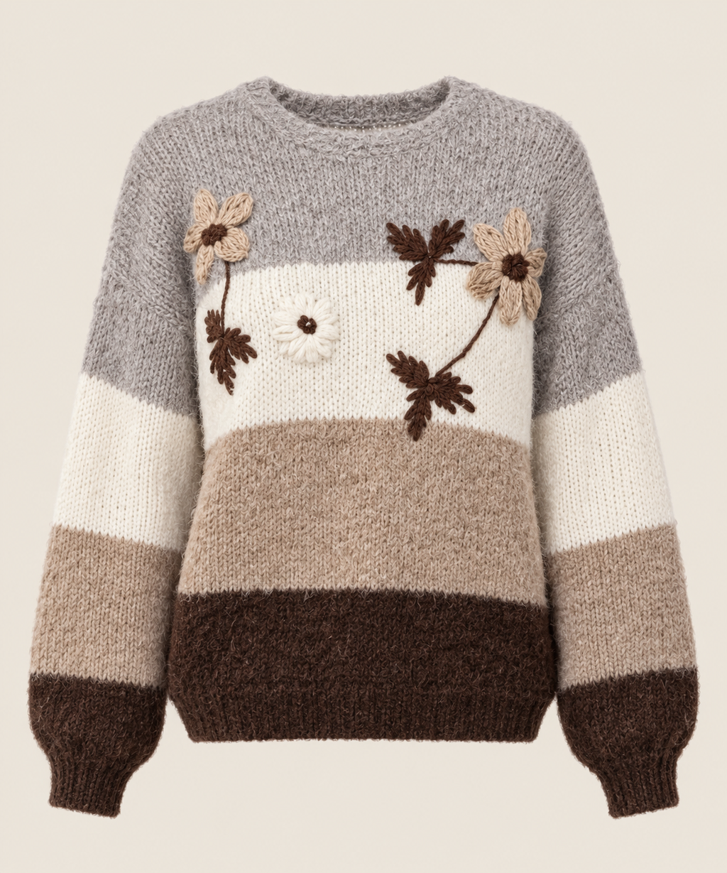 Pull femme rayé fleurs brodées