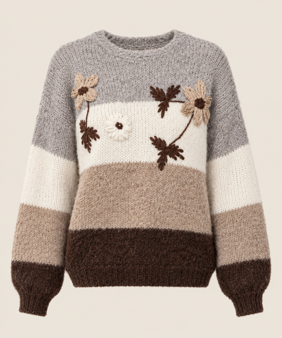 Pull femme rayé fleurs brodées